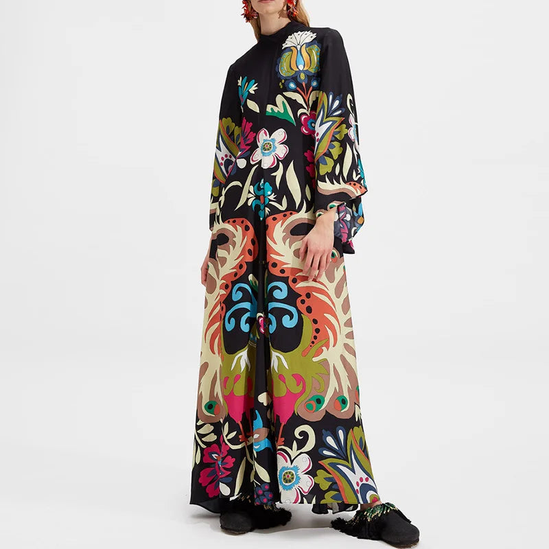Robe imprimée élégante à col montant – Robe décontractée taille haute à manches longues et ample
