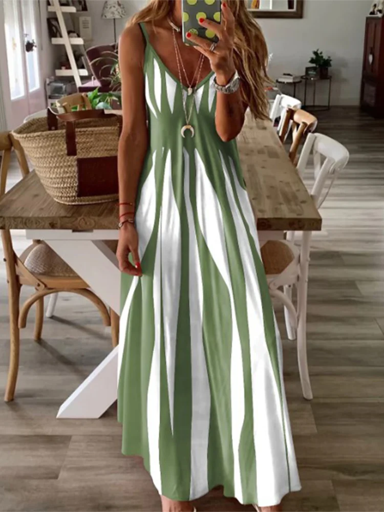 Sexy Sleeveless Black & White Stripe Printed Long Dress – Summer Casual Party