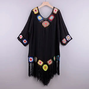 Women’s Crochet Beach Cover-Up – Sexy Hollow Tunic with Fringe Detail