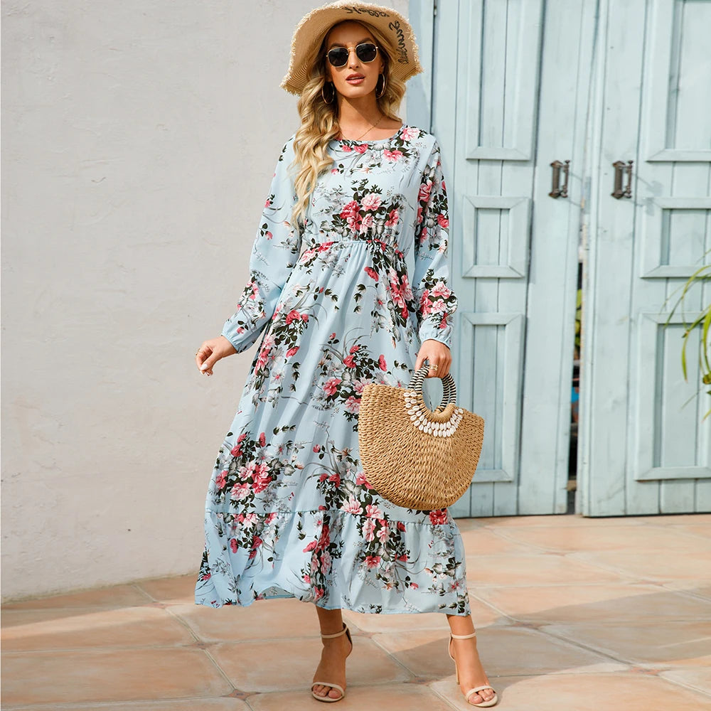 Bohemian Floral Maxi Dress for Women – Spring Summer Casual Long Sleeve Beach Dress