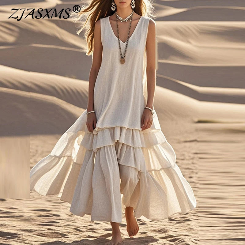 Retro Solid Cotton Linen Pleated Maxi Dress – Women’s Boho V-Neck Summer Dress