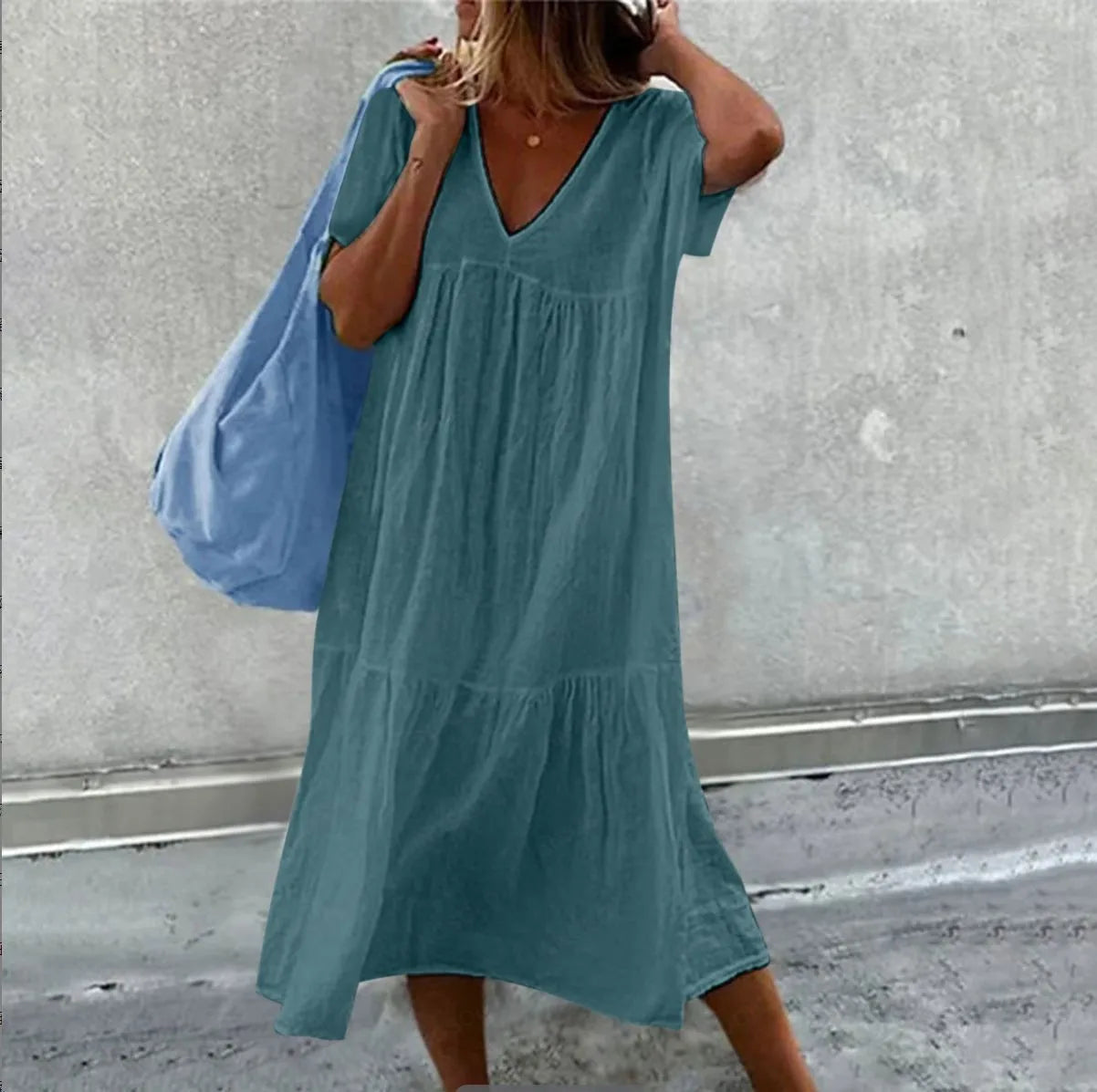 Solid Color Cotton Linen Midi Dress for Women – Casual V-Neck Short Sleeve Loose Fit