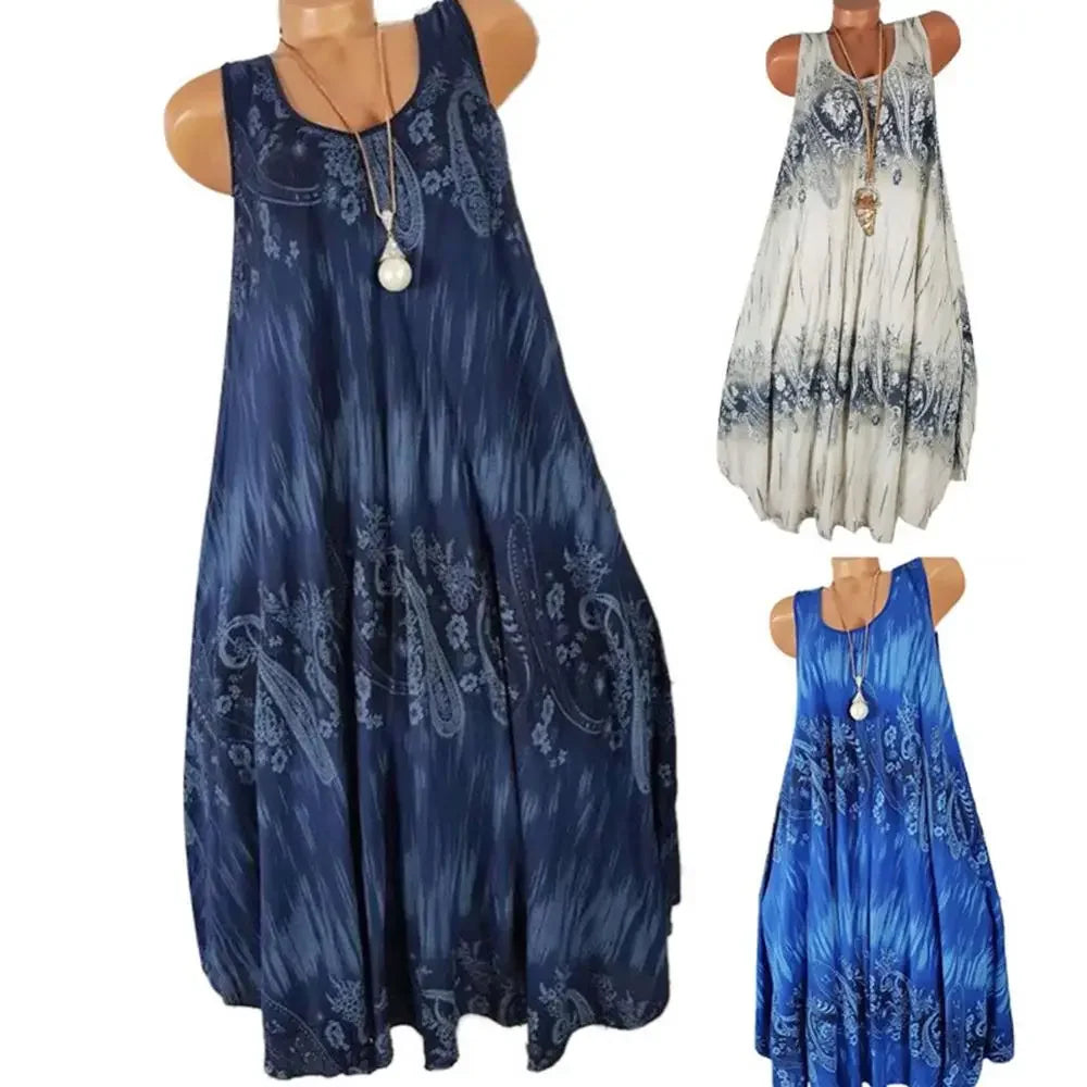 Women’s Summer Floral Pleated Dress – Round Neck Sleeveless Loose Plus Size Tank Dress