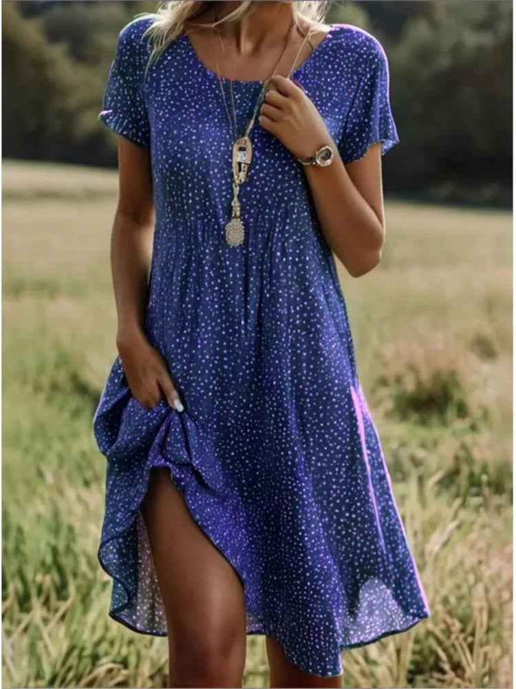 Bohemian Floral Print Dress for Women – Casual Short Sleeve O-Neck Summer Beach Holiday Dress