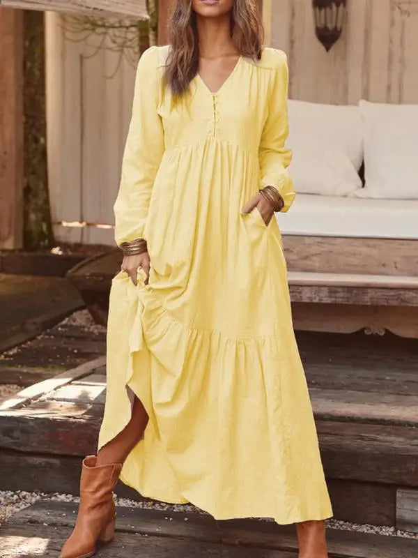 Vintage Cotton Linen Maxi Dress – Women’s Casual Long Sleeve V-Neck Dress