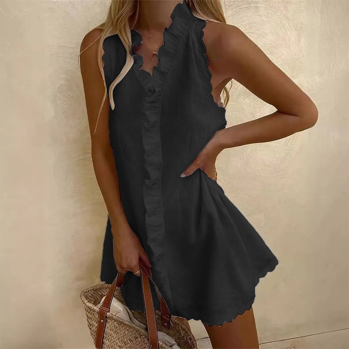 Robe blanche décontractée en coton et lin – Mini-robe d'été à col en V pour femme