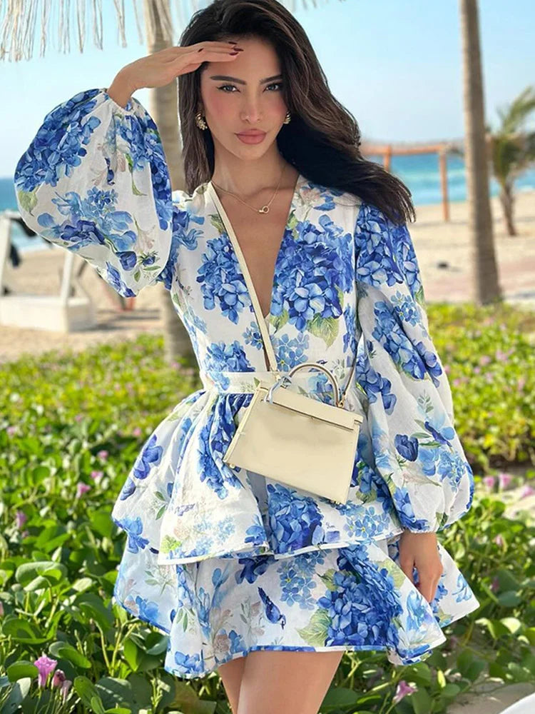 Chic Printed Mini Dress – Women’s Ruffle Half Sleeve High Waist Short Dress