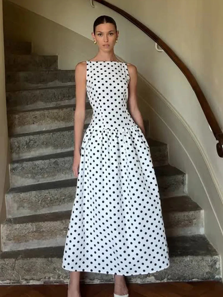 Polka Dot Maxi Dress – Elegant Square Neck Sleeveless High Waist Gown