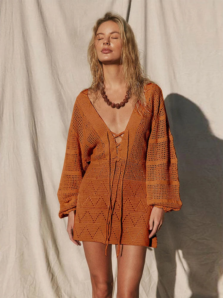 Sexy Deep V-neck Lace-up Mesh Mini Dress – Summer Beach Cover-Up