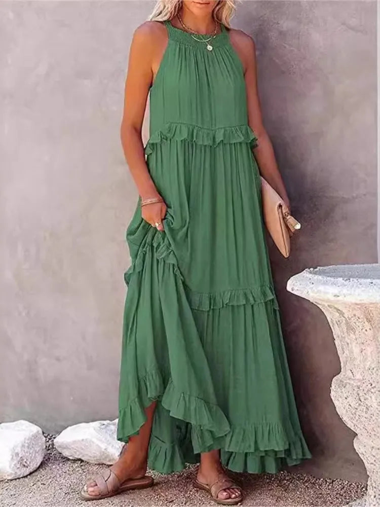 Robe longue dos nu à col licou – Robe de plage à volants et lacets pour femme