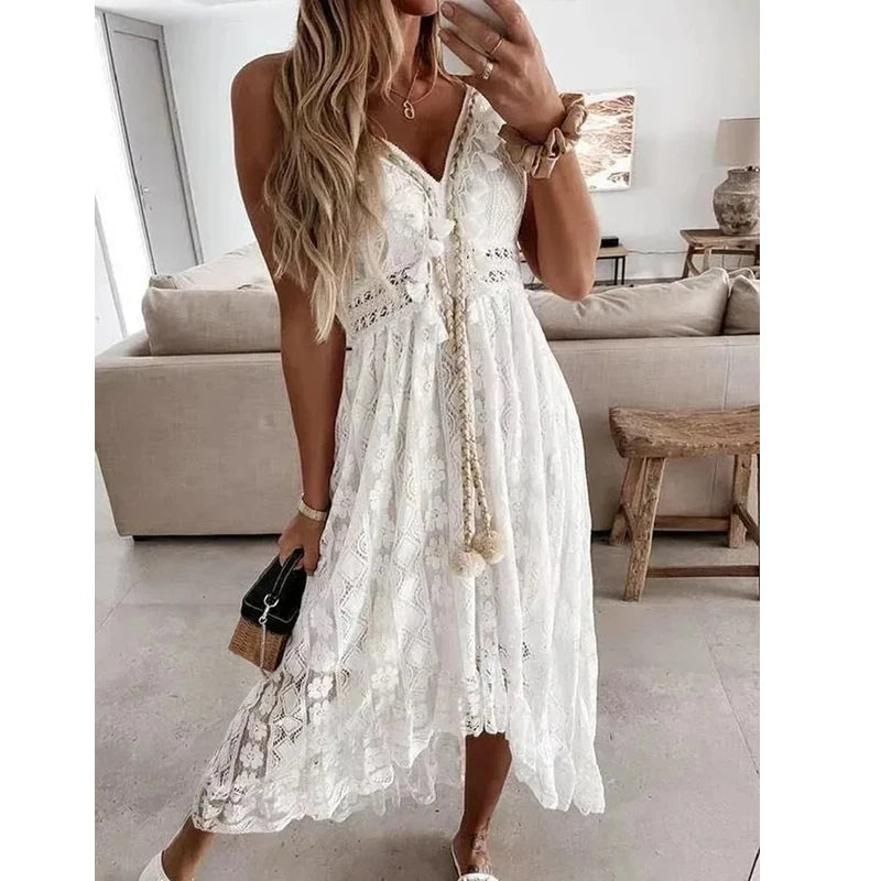 Robe longue en dentelle à col en V – Robe de plage trapèze sans manches avec bretelles en chaîne