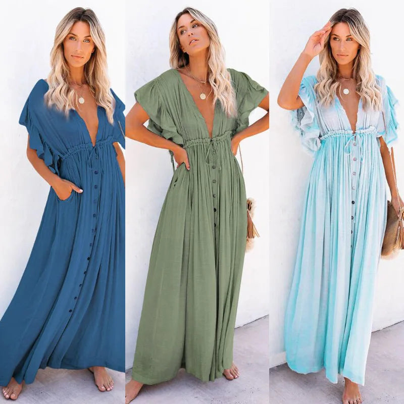 Summer Women’s V-Neck Kimono Bikini Cover-Up – Lace-Up Boho Beach Dress