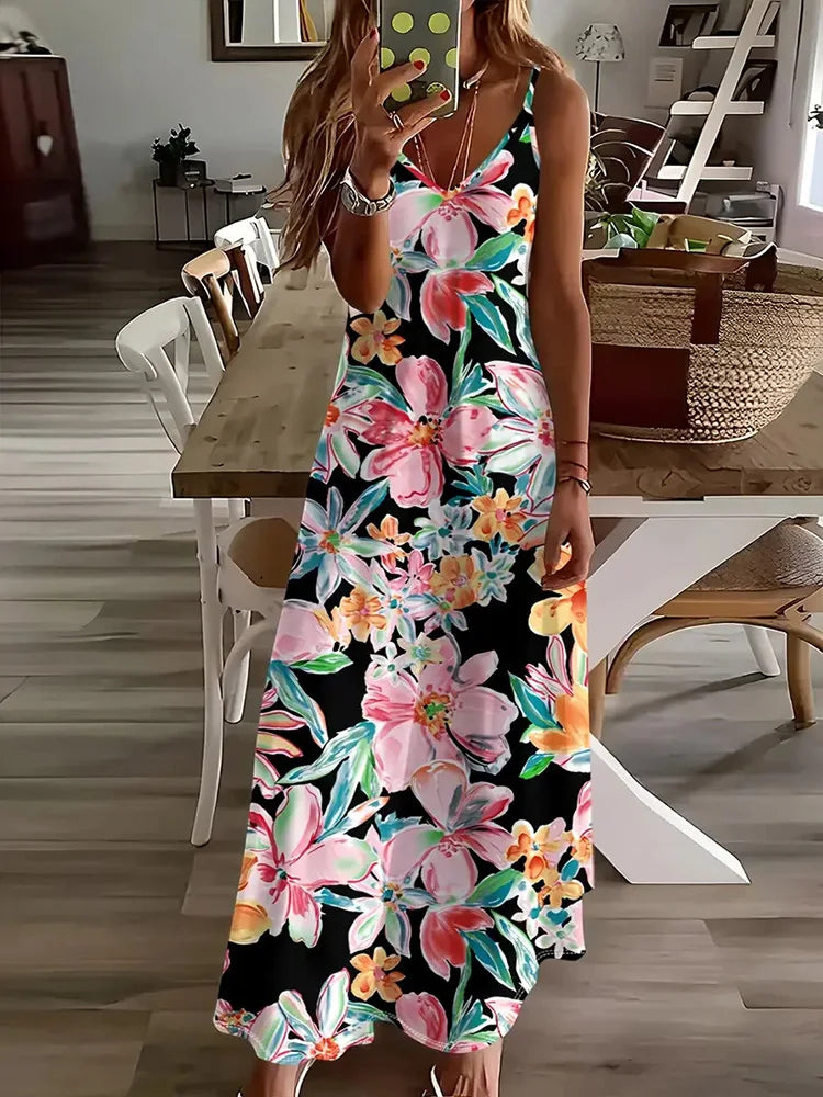 Hawaiian Floral Suspender Dress – Sexy V-Neck Party & Evening Dress