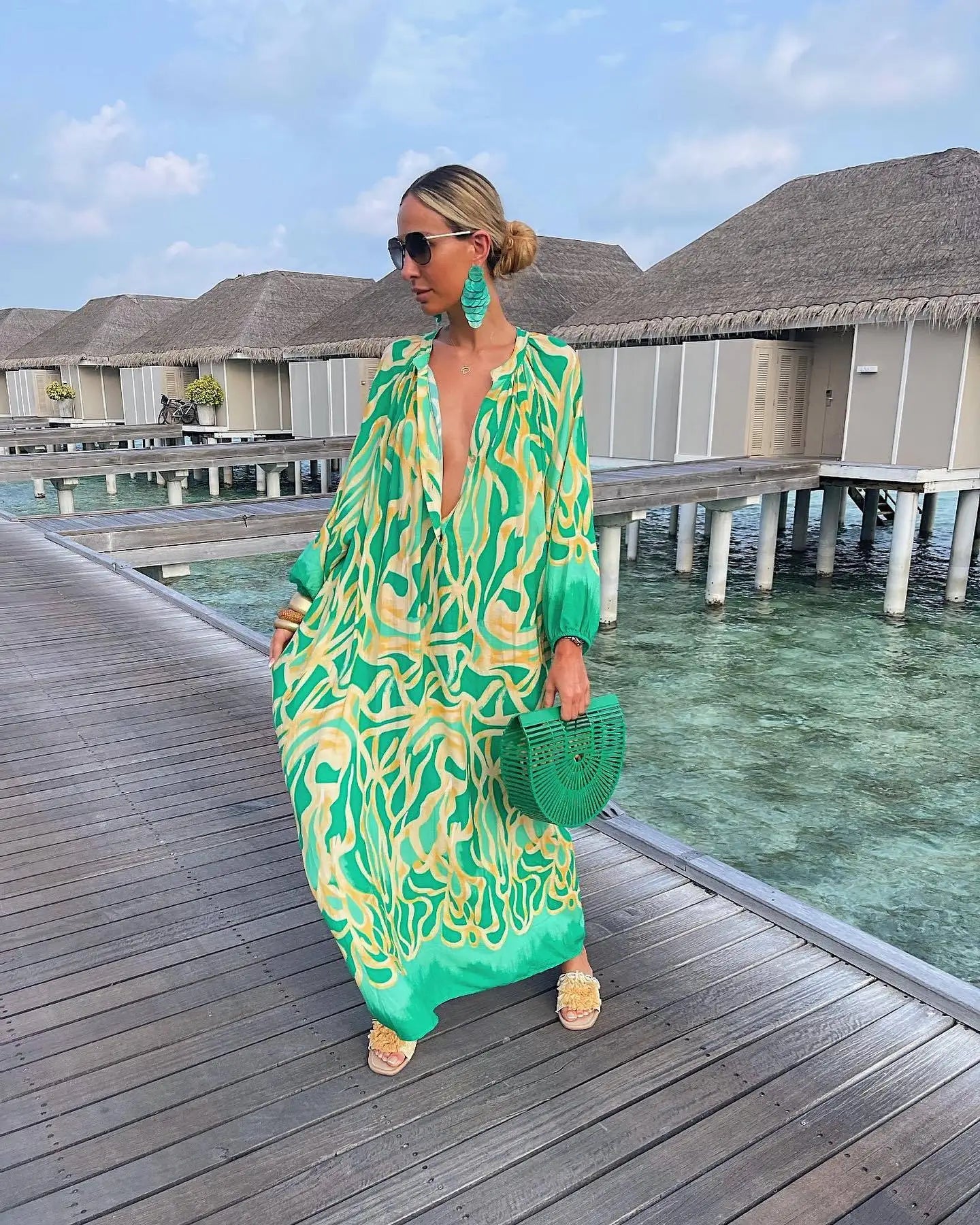 Robe longue élégante à col en V pour femme – Robe décontractée style bohème pour les vacances d'été