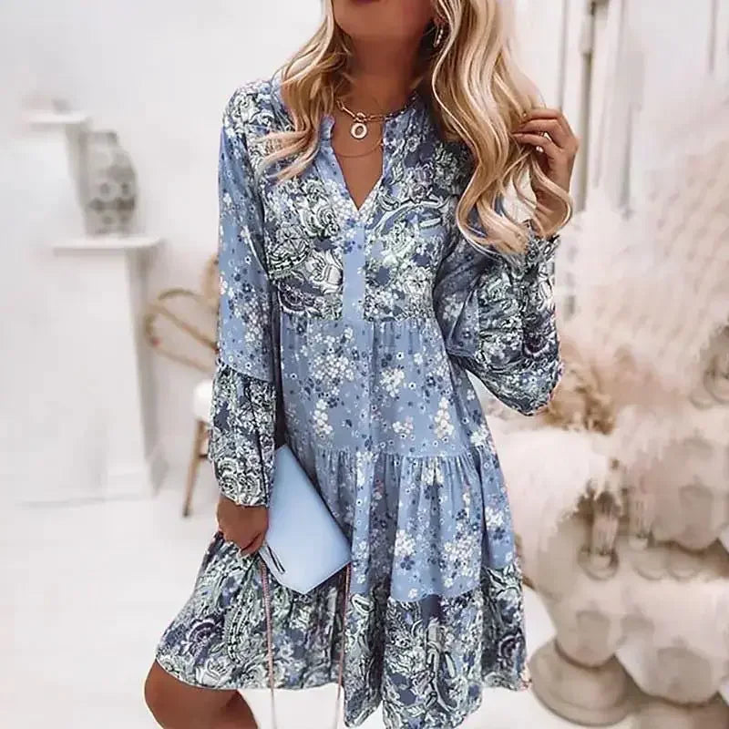 Boho V-Neck A-Line Dress – Summer Loose Printed Beach Party Dress