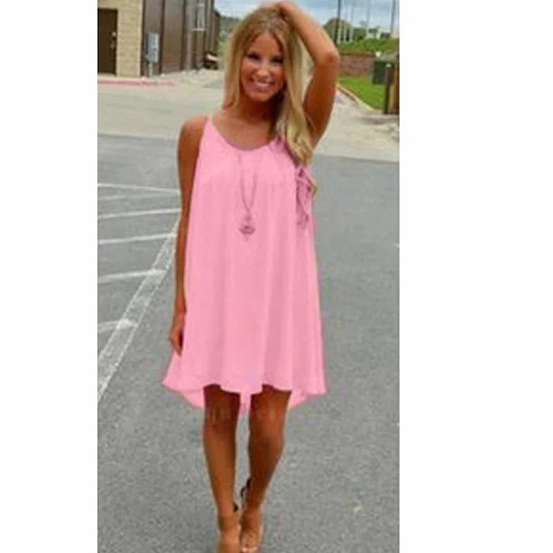 Loose Casual Summer Mini Dress – Sleeveless Spaghetti Strap Hollow-Out Bodycon