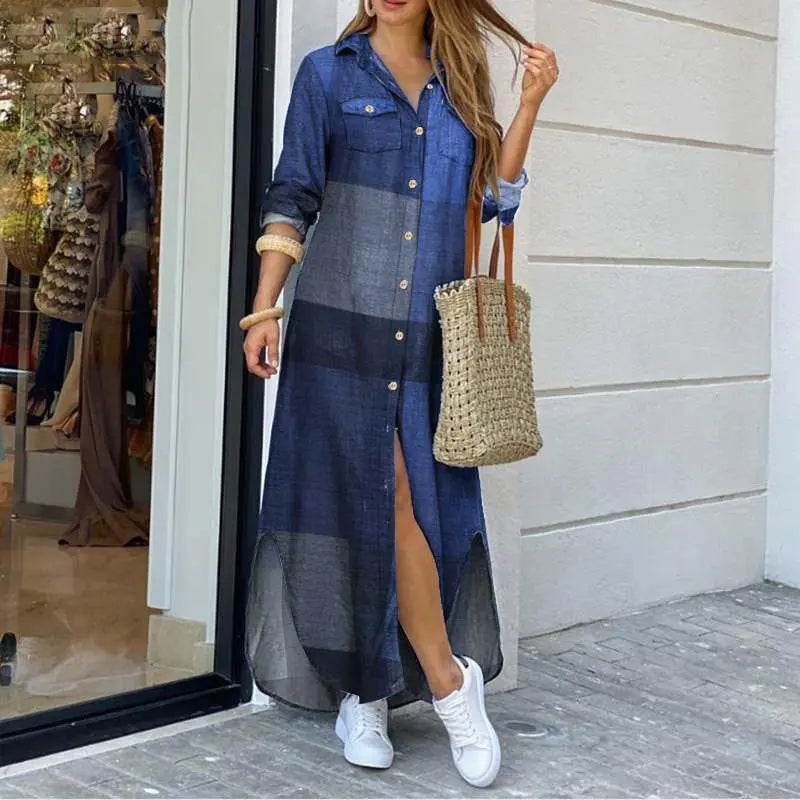 Elegant Women’s Long Sleeve Plaid Maxi Dress – Irregular Hem Shirt Dress with Buttons