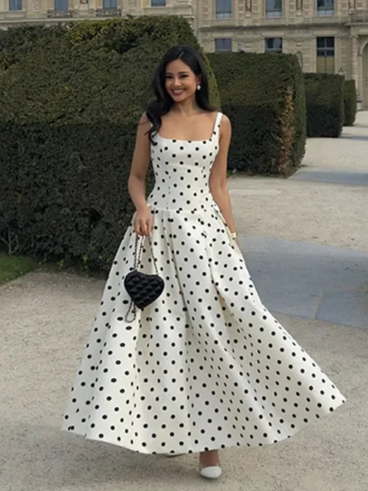 Polka Dot Maxi Dress – Elegant Square Neck Sleeveless High Waist Gown