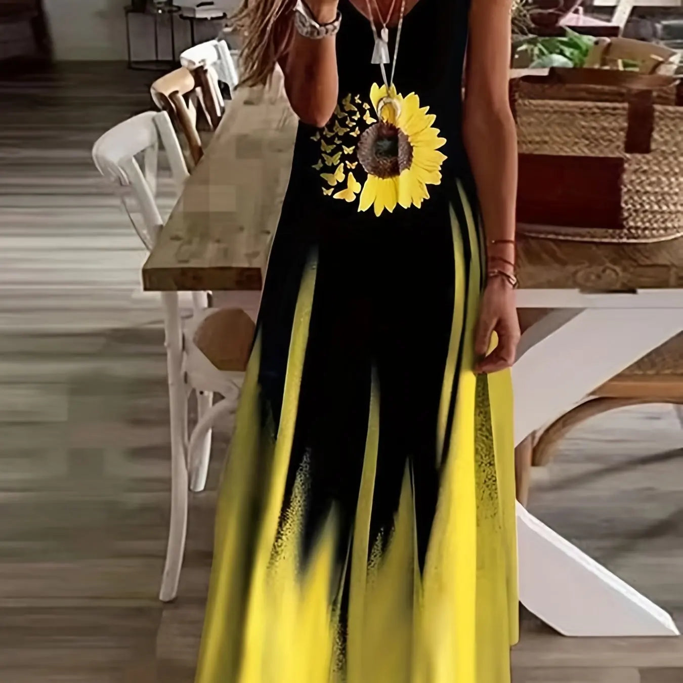 Retro Fishing Net Print Sleeveless Suspender Ankle-Length Dress