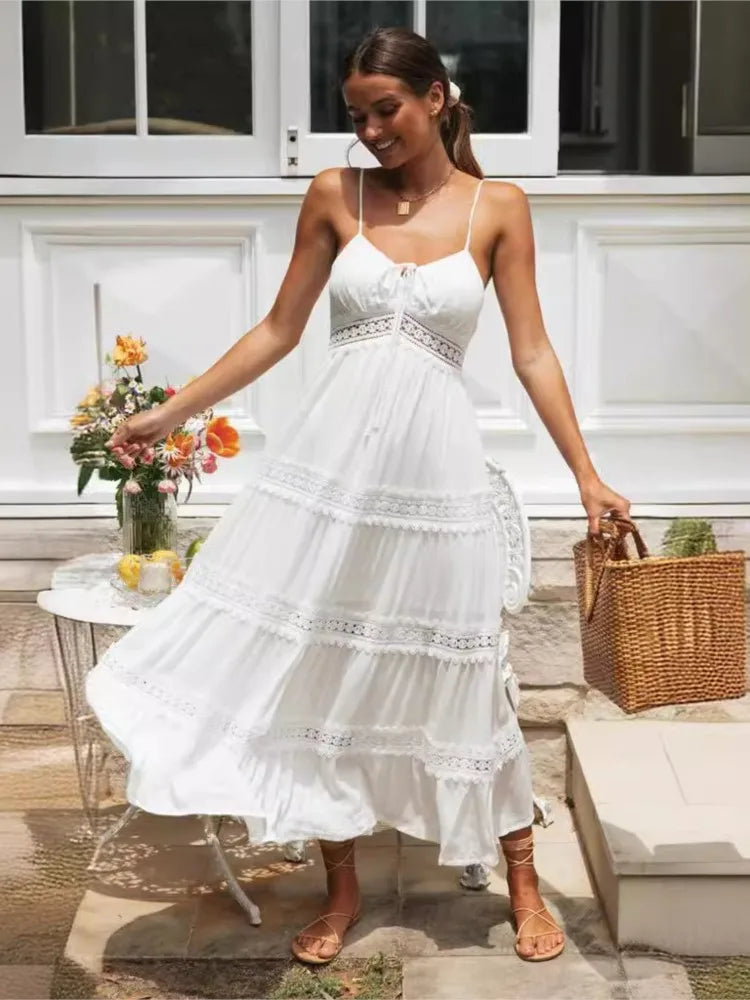 Boho Spaghetti Strap White Dress – Women’s Summer Beach Party