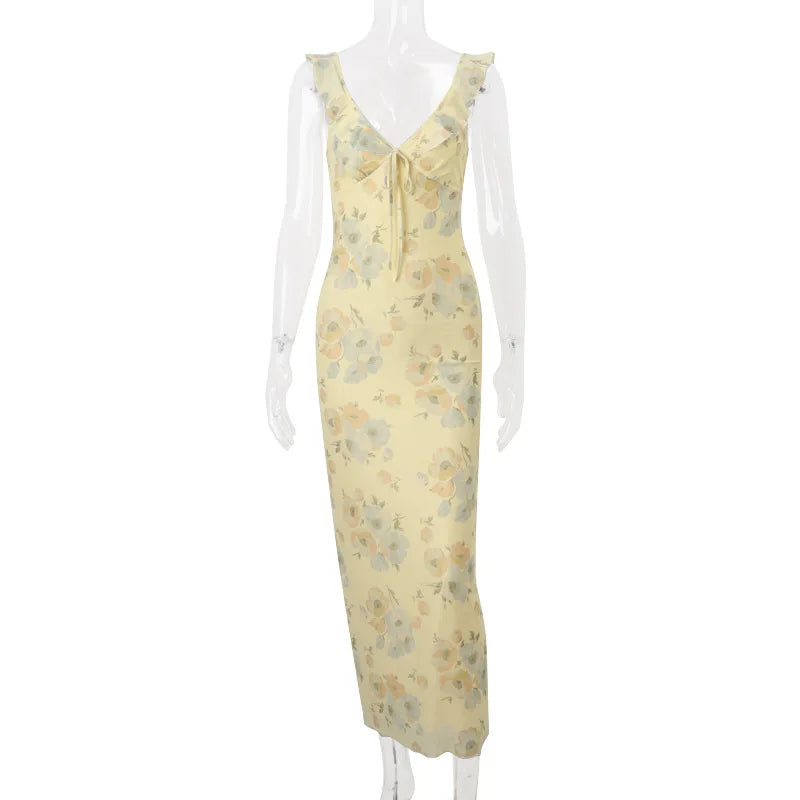 Women’s Floral Cami Bodycon Dress – Deep V Neck Tie Bow Backless Spaghetti Strap Dress