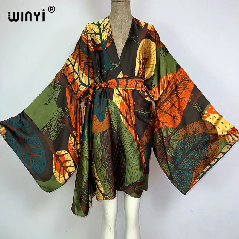 WINYI Bohemian Print Bikini Cover-Up – Elegant Self-Belted Boho Kimono Dress for Women