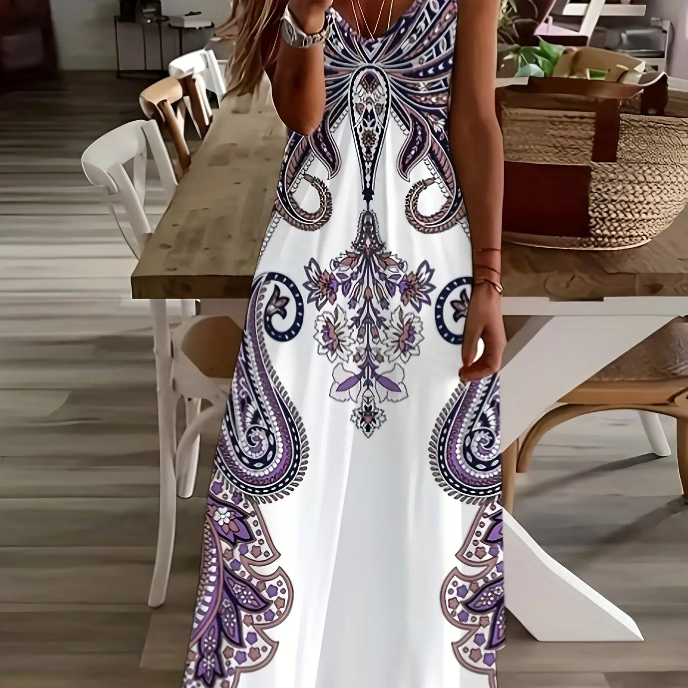 Retro Fishing Net Print Sleeveless Suspender Ankle-Length Dress