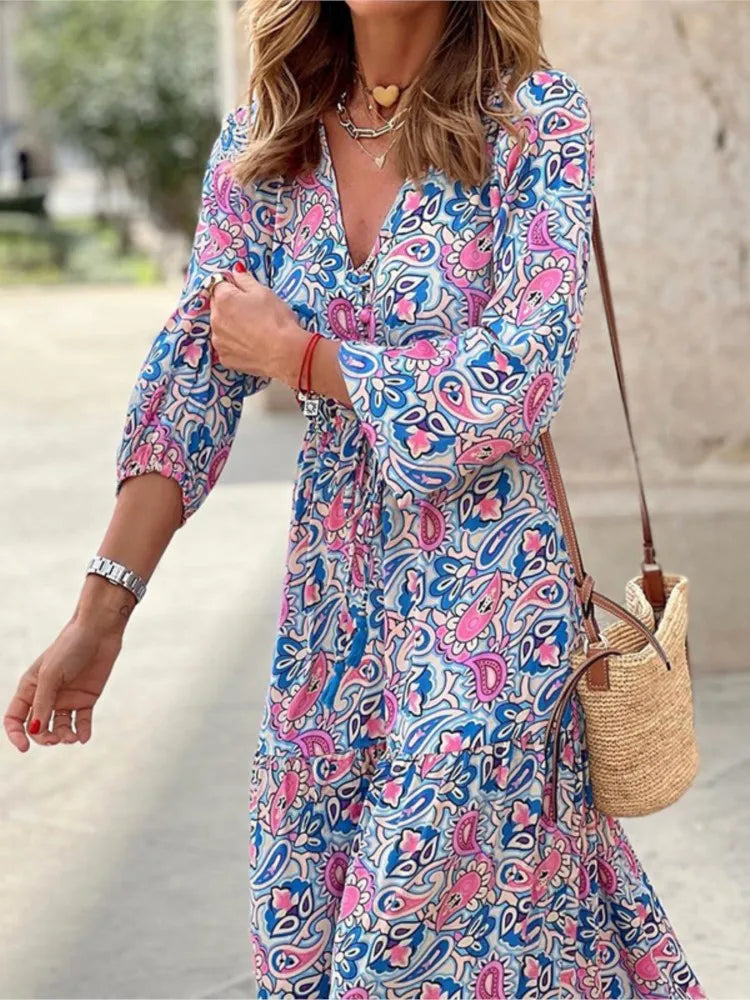 Bohemian V-Neck Tie Waist Maxi Dress – Long Sleeve Autumn Casual Printed Dress
