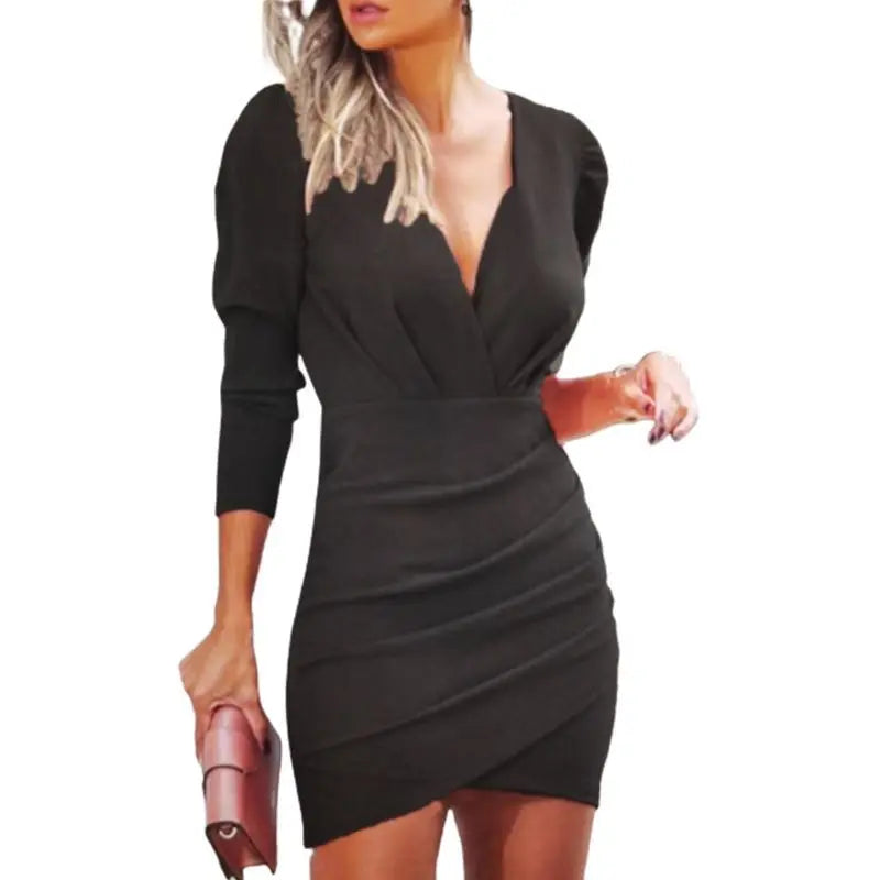 Women’s Sexy Mini Dress - V-Neck - Long Sleeve - Slim Fit - Solid Color - Pleated Party Dress - Spring Autumn Vestidos Cortos
