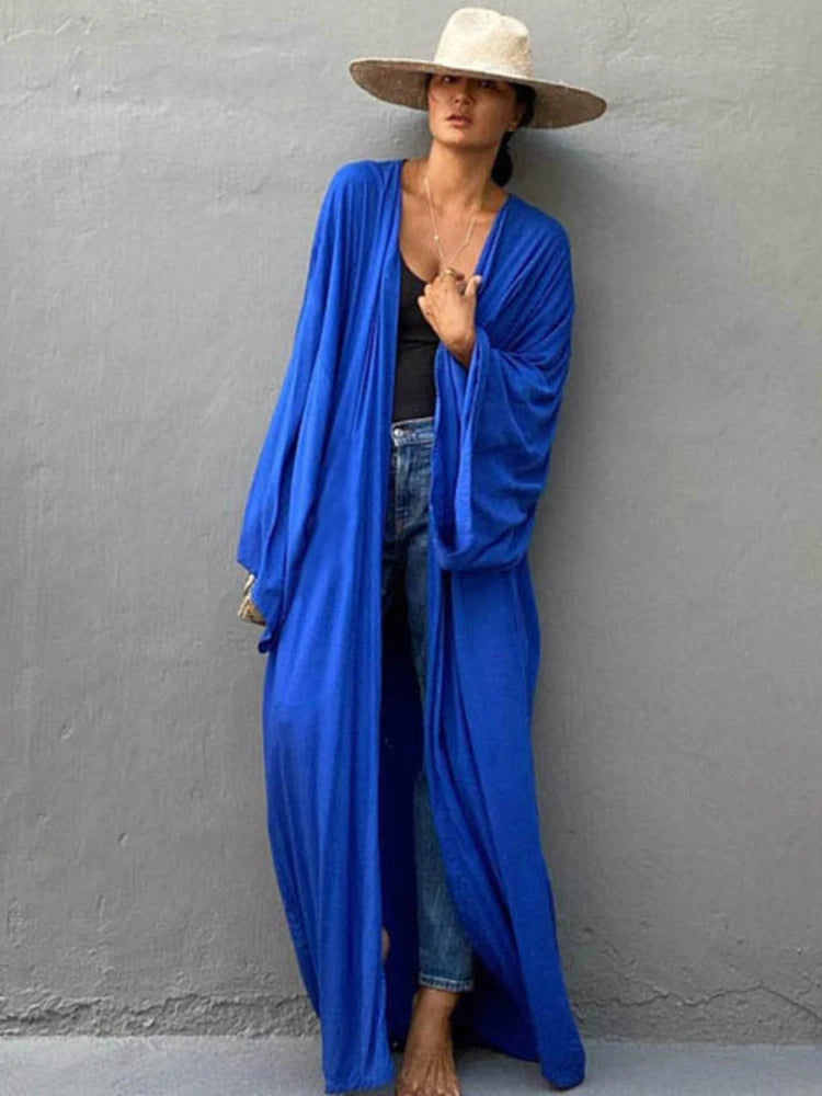Solid Color Kimono Beach Cover-Up – Women’s Self-Belted Swimsuit Wrap Dress