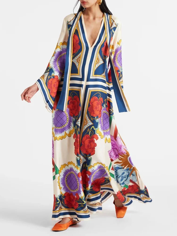 Robe imprimée élégante à col montant – Robe décontractée taille haute à manches longues et ample