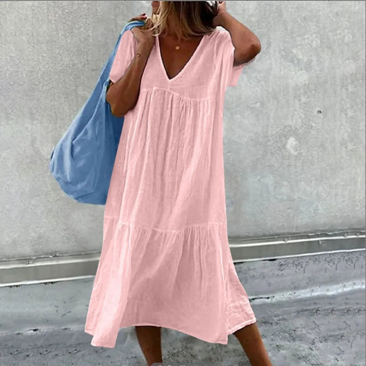 Solid Color Cotton Linen Midi Dress for Women – Casual V-Neck Short Sleeve Loose Fit