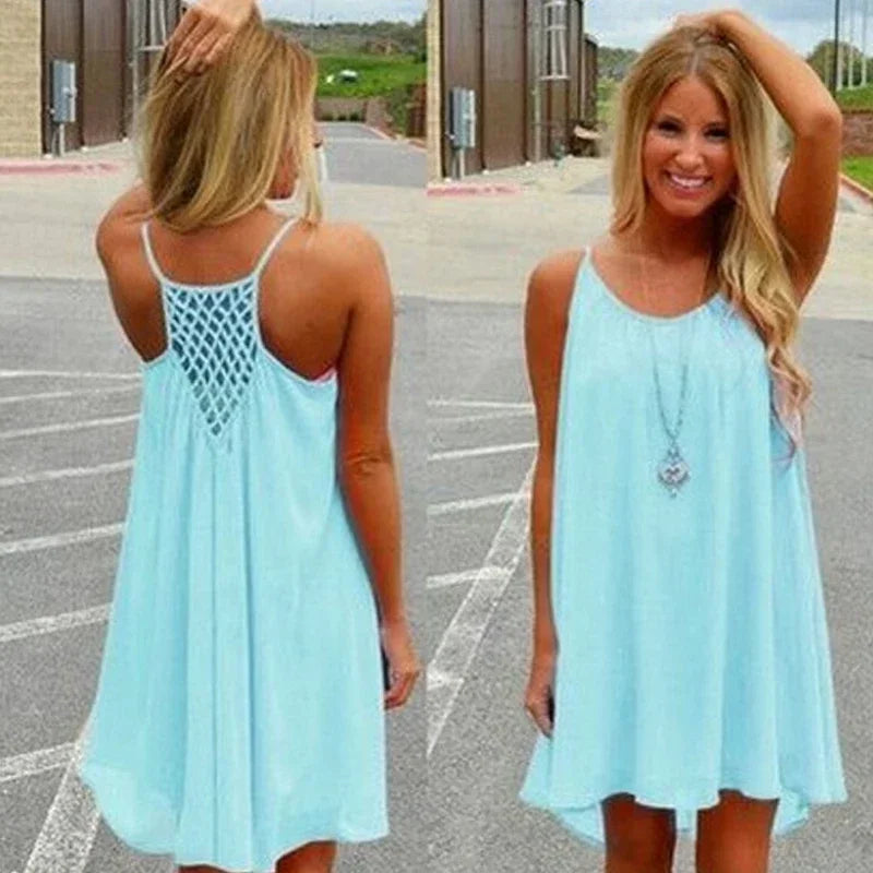 Loose Casual Summer Mini Dress – Sleeveless Spaghetti Strap Hollow-Out Bodycon