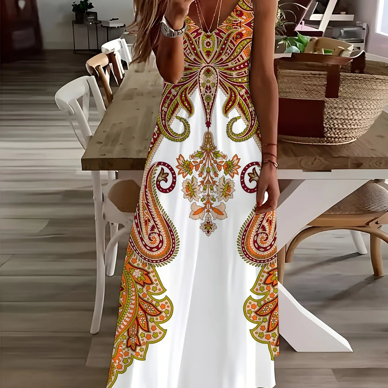 Retro Fishing Net Print Sleeveless Suspender Ankle-Length Dress