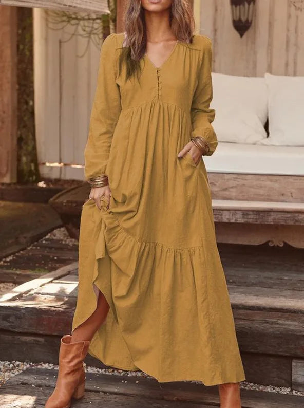 Vintage Cotton Linen Maxi Dress – Women’s Casual Long Sleeve V-Neck Dress
