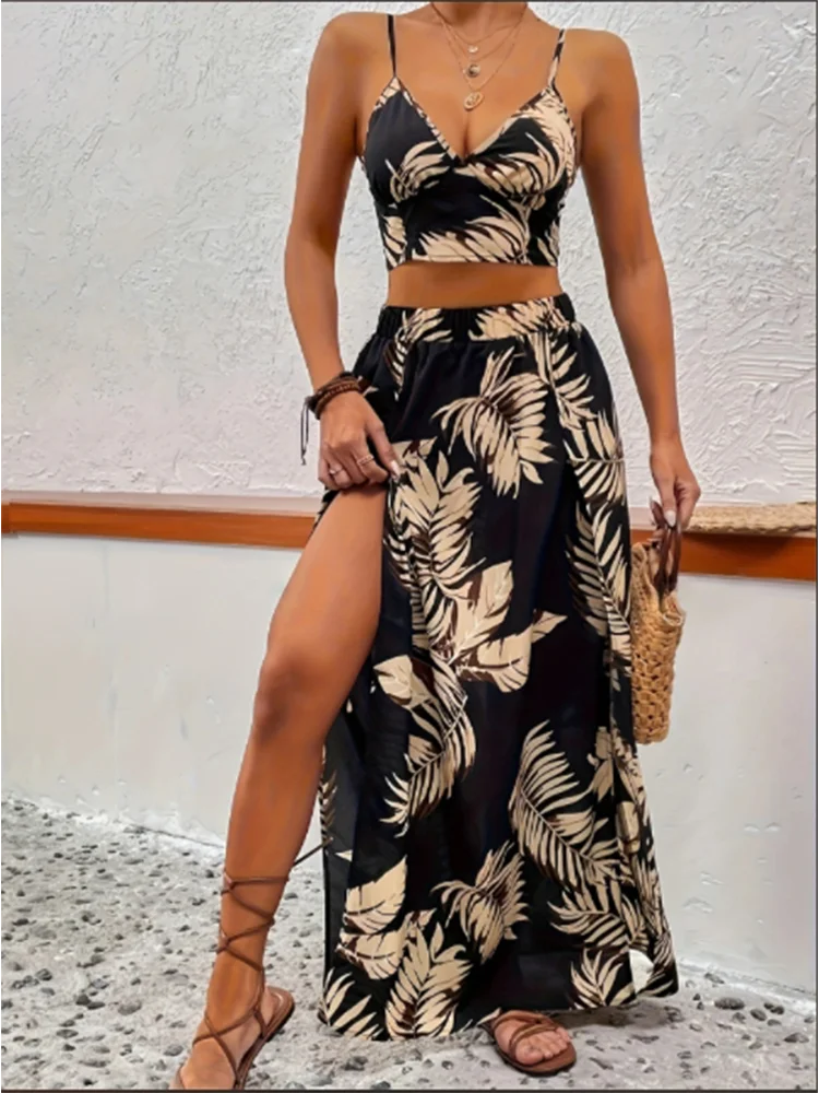 Women’s Sleeveless Low-Cut V-Neck Printed Dress with High Slit – Sexy Elegant Summer Set