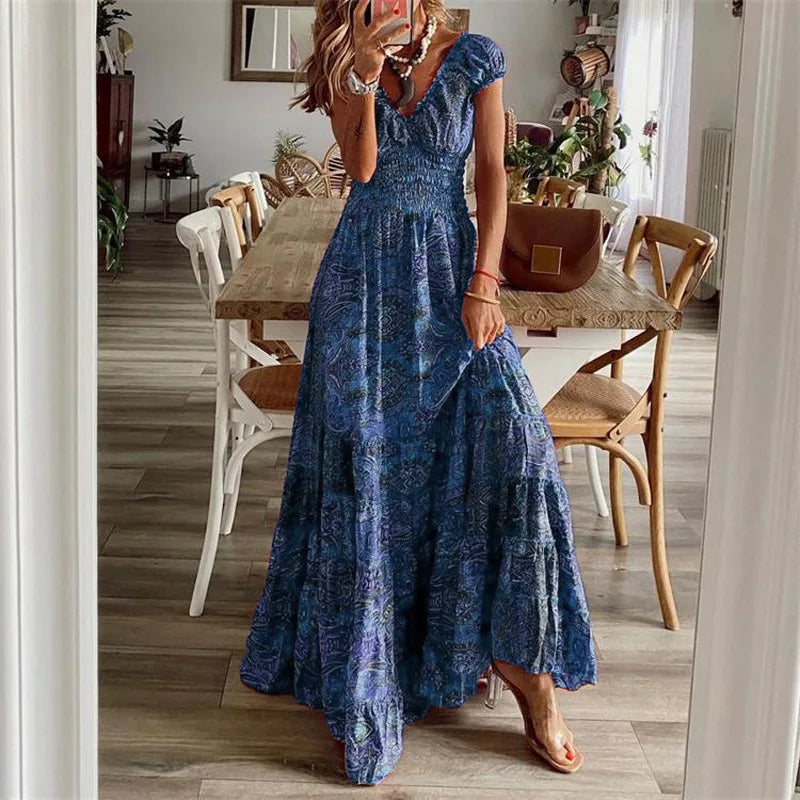 Summer Ethnic Printed A-Line Dress – Floral Petal Sleeves & Waist Detail
