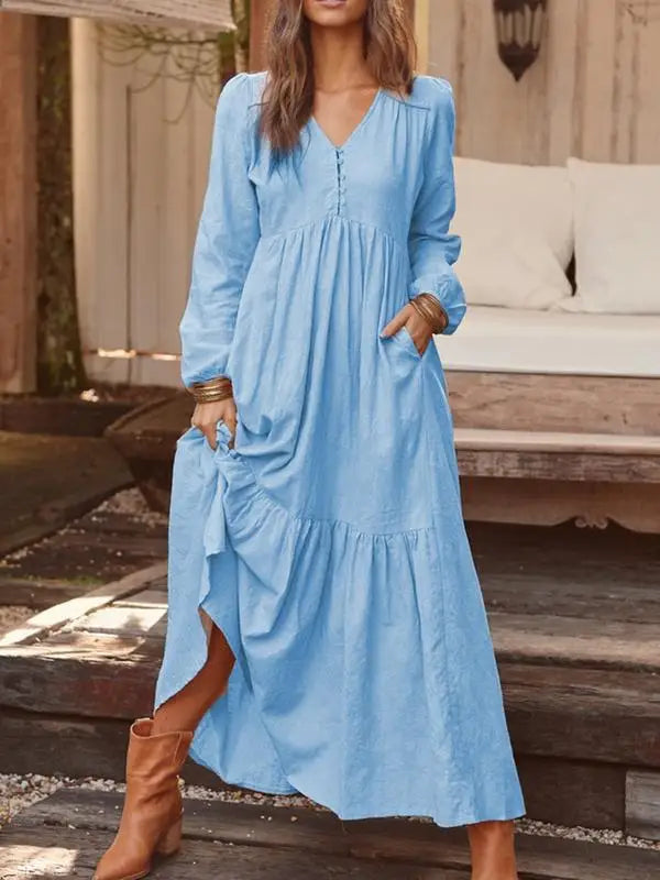 Vintage Cotton Linen Maxi Dress – Women’s Casual Long Sleeve V-Neck Dress