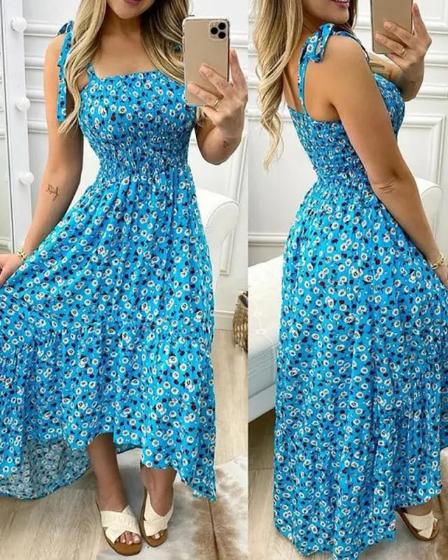 Robe longue fleurie à bretelles spaghetti – Robe portefeuille d'été pour la plage
