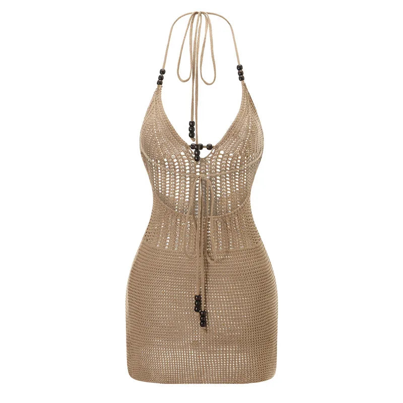 Robe courte dos nu Hirigin pour femme – Robe moulante d'été en tricot crocheté
