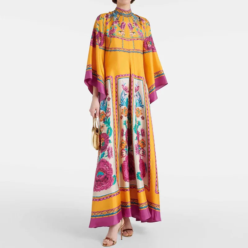 Robe imprimée élégante à col montant – Robe décontractée taille haute à manches longues et ample