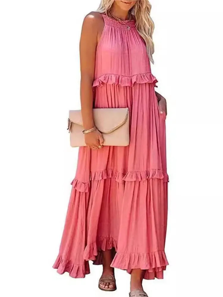 Robe longue dos nu à col licou – Robe de plage à volants et lacets pour femme