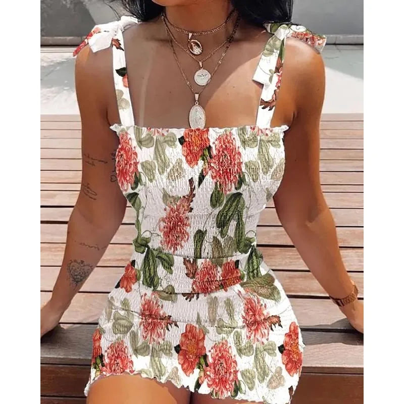 Summer Strapless Bow Mini Dress – Printed Sleeveless Commuter Dress