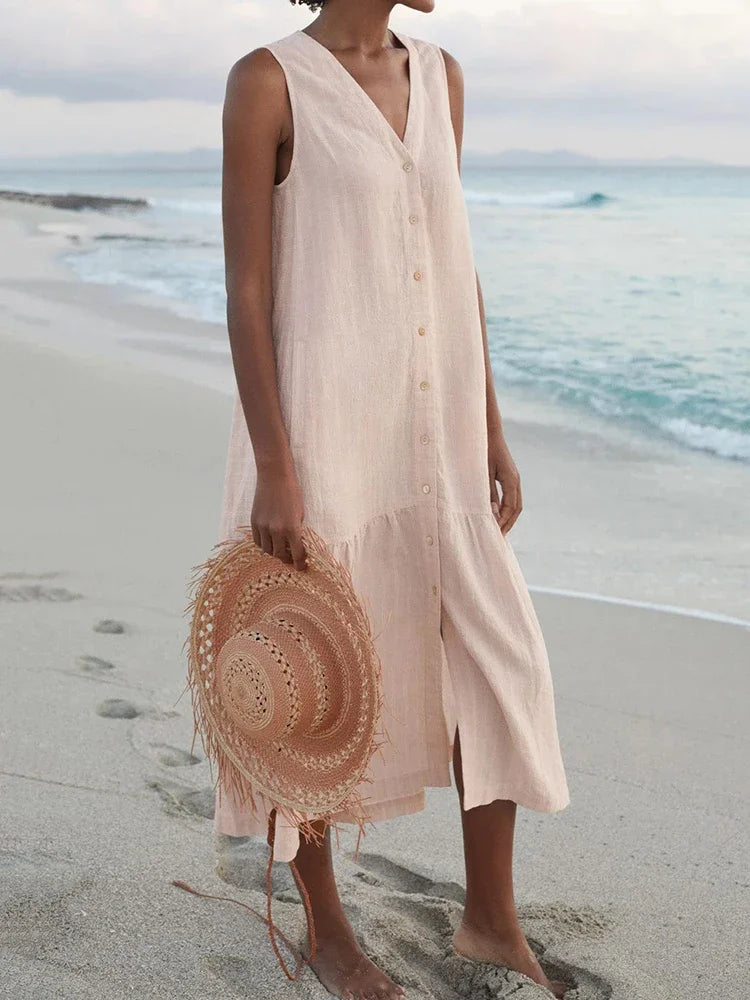 Summer Cotton Linen Patchwork Dress – V-Neck Sleeveless Midi with Pockets
