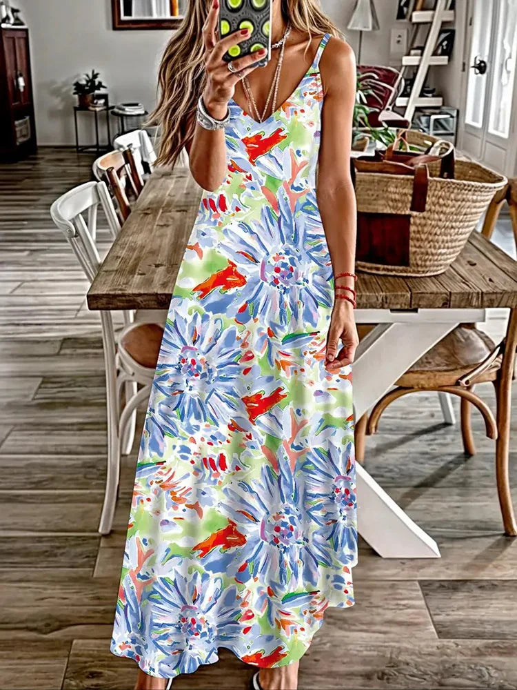 Hawaiian Floral Suspender Dress – Sexy V-Neck Party & Evening Dress
