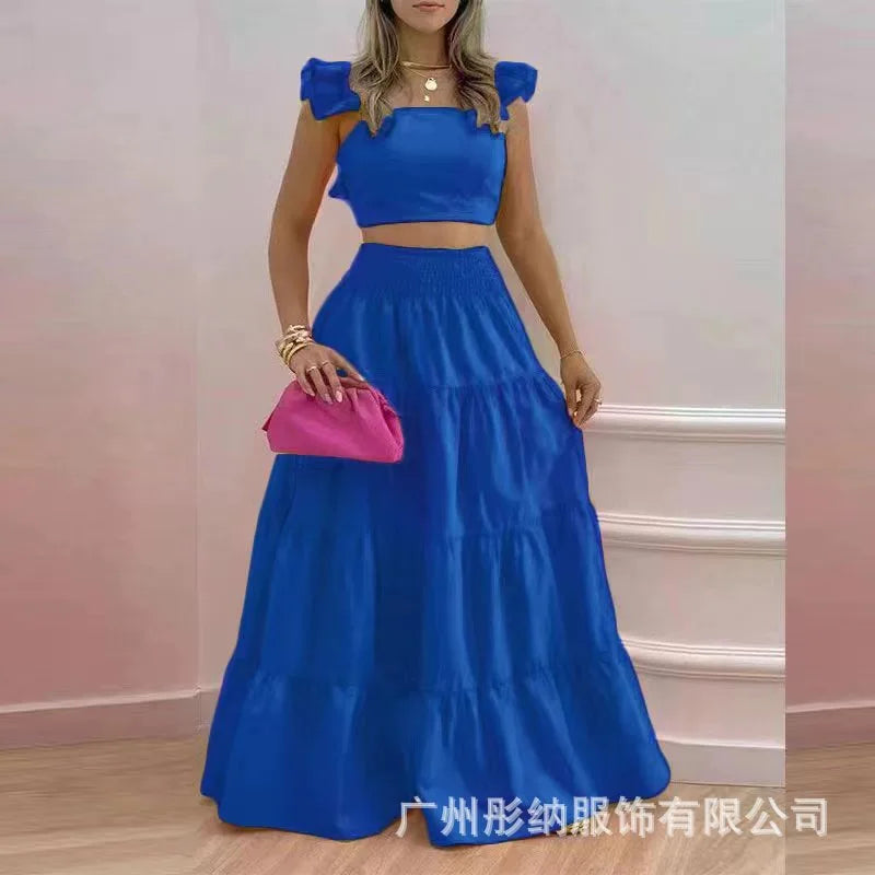 Summer 2-Piece Set – Sexy Solid Maxi Skirt & Loose Top Outfit for Women