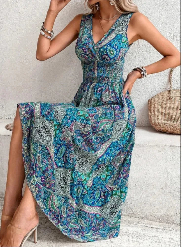Boho Print Sleeveless Maxi Dress – Summer Beach Holiday Dress for Women