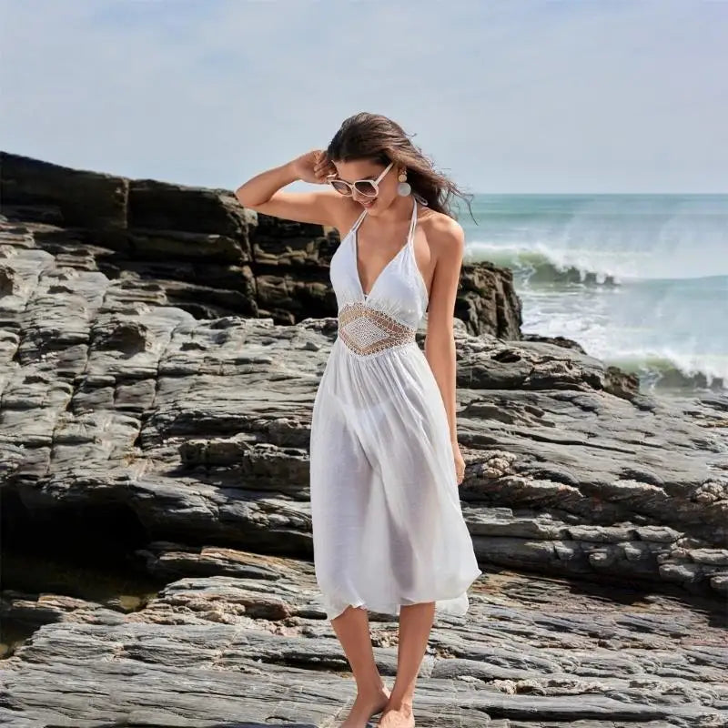 Elegant White Beach Cover Up – Sleeveless Sun Protection Dress for Women
