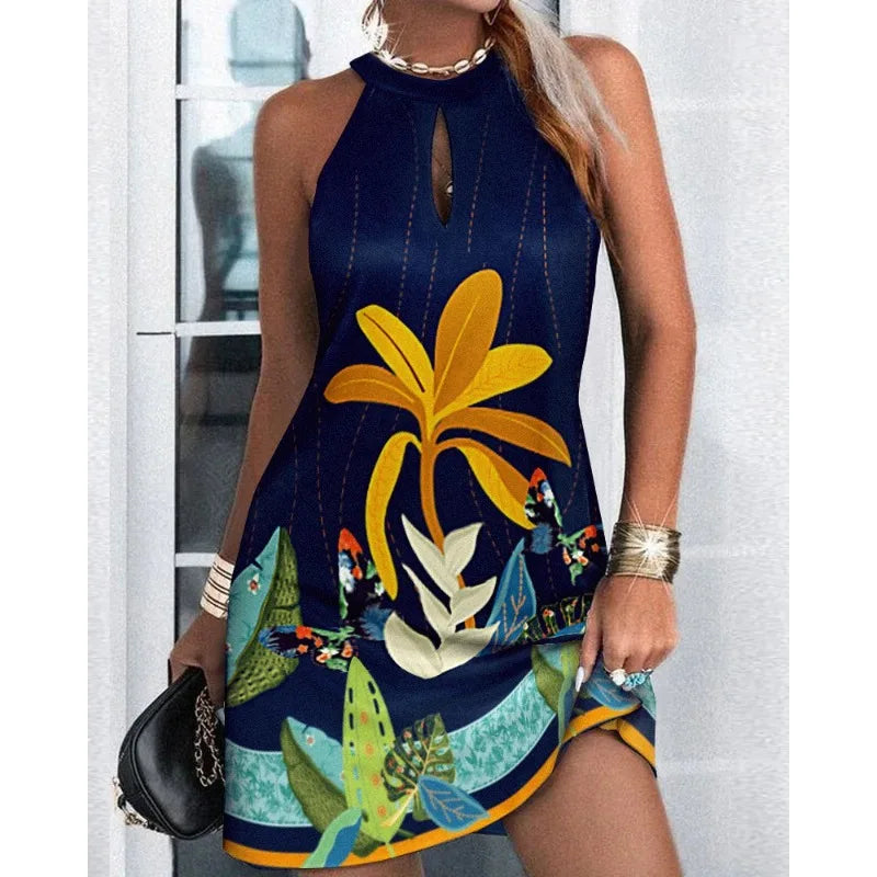 Halter Neck Printed Summer Dress – Sleeveless Casual Holiday Dress for Women