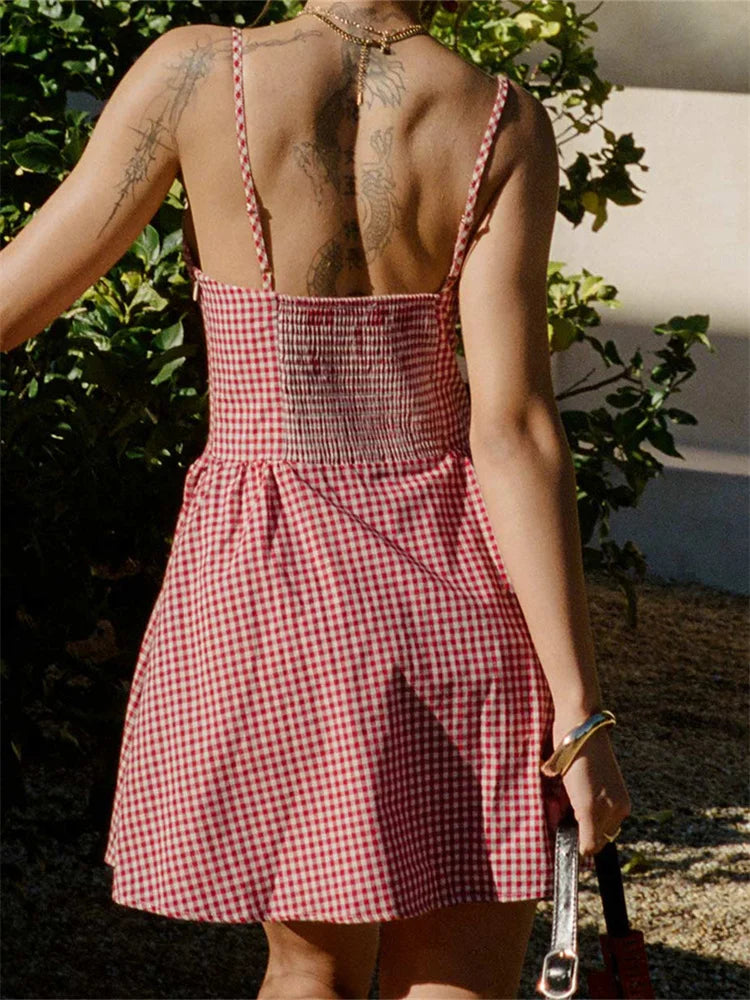 Plaid Print Spaghetti Strap Camis Dress for Women – Sleeveless V-Neck Button-Down Mini Dress